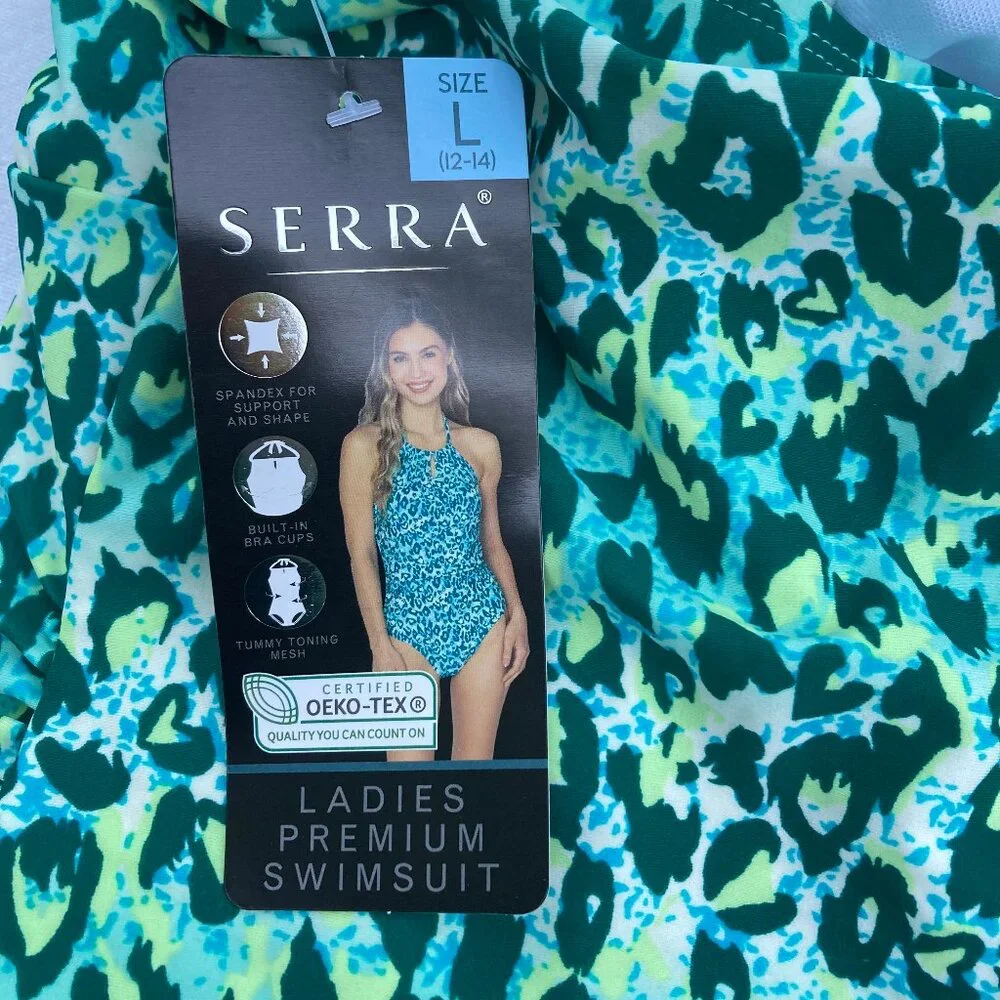 Serra NWT Swimsuit One Piece Halter Blue-Green Cheetah Premium Molded Cups Large
